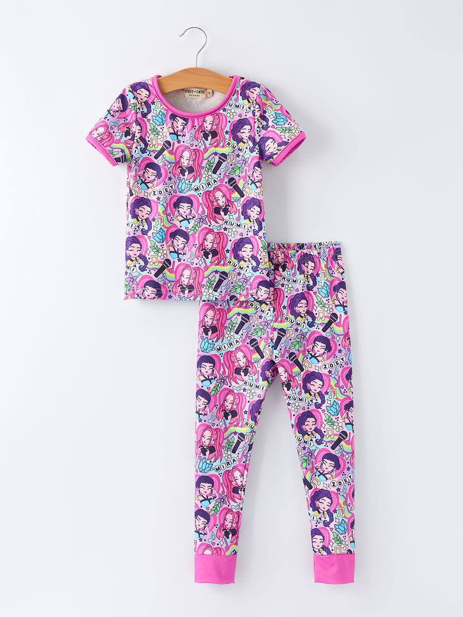 PREORDER Girls Purple Character Print Short Sleeve Pajamas Set