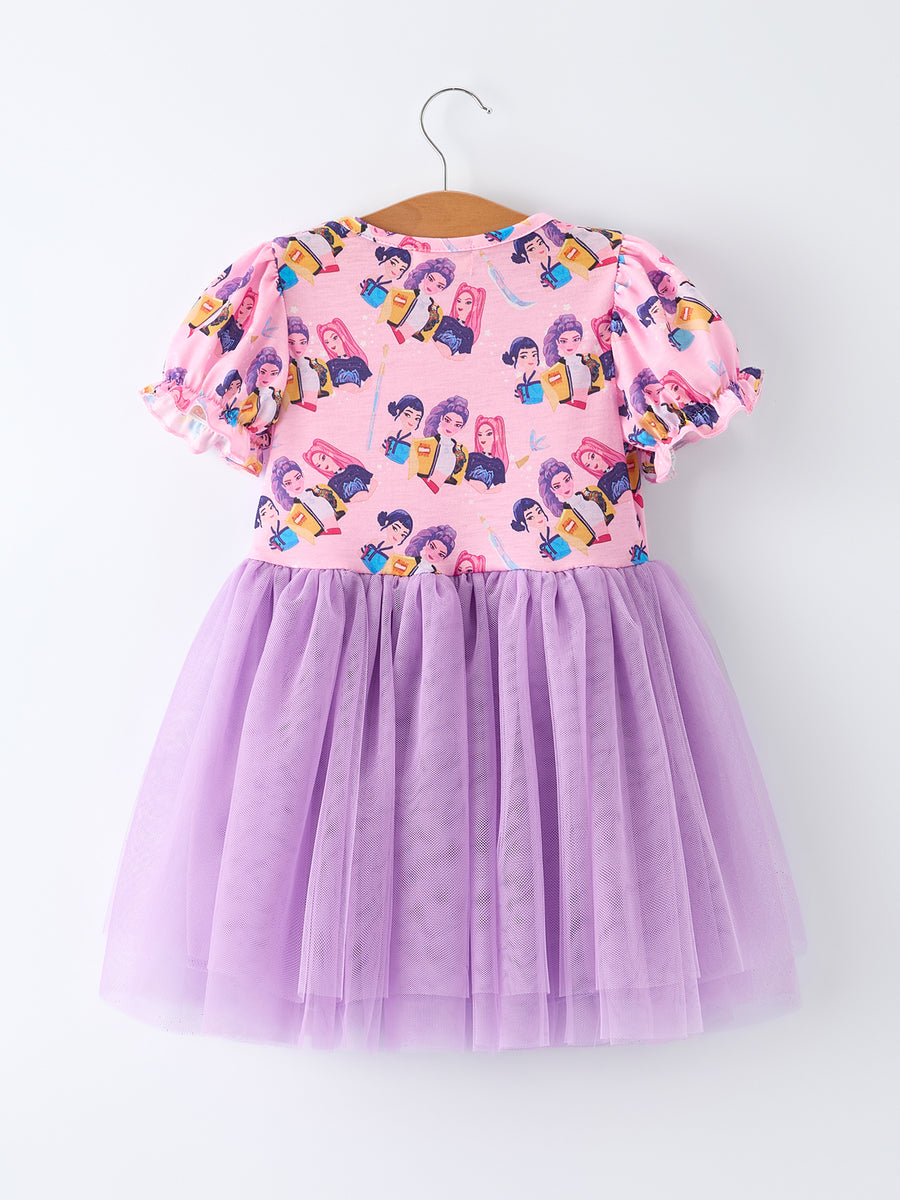 Pink Print Tutu Short Sleeve Girl Twirly Dress