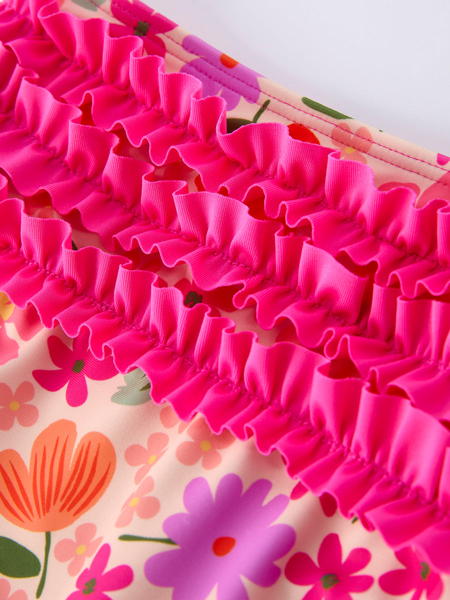 Summer Floral Ruffle Long Sleeve Girl Swimwear Set