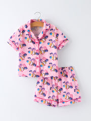 Pink Characters Print Short Sleeve Girl Pajama Set