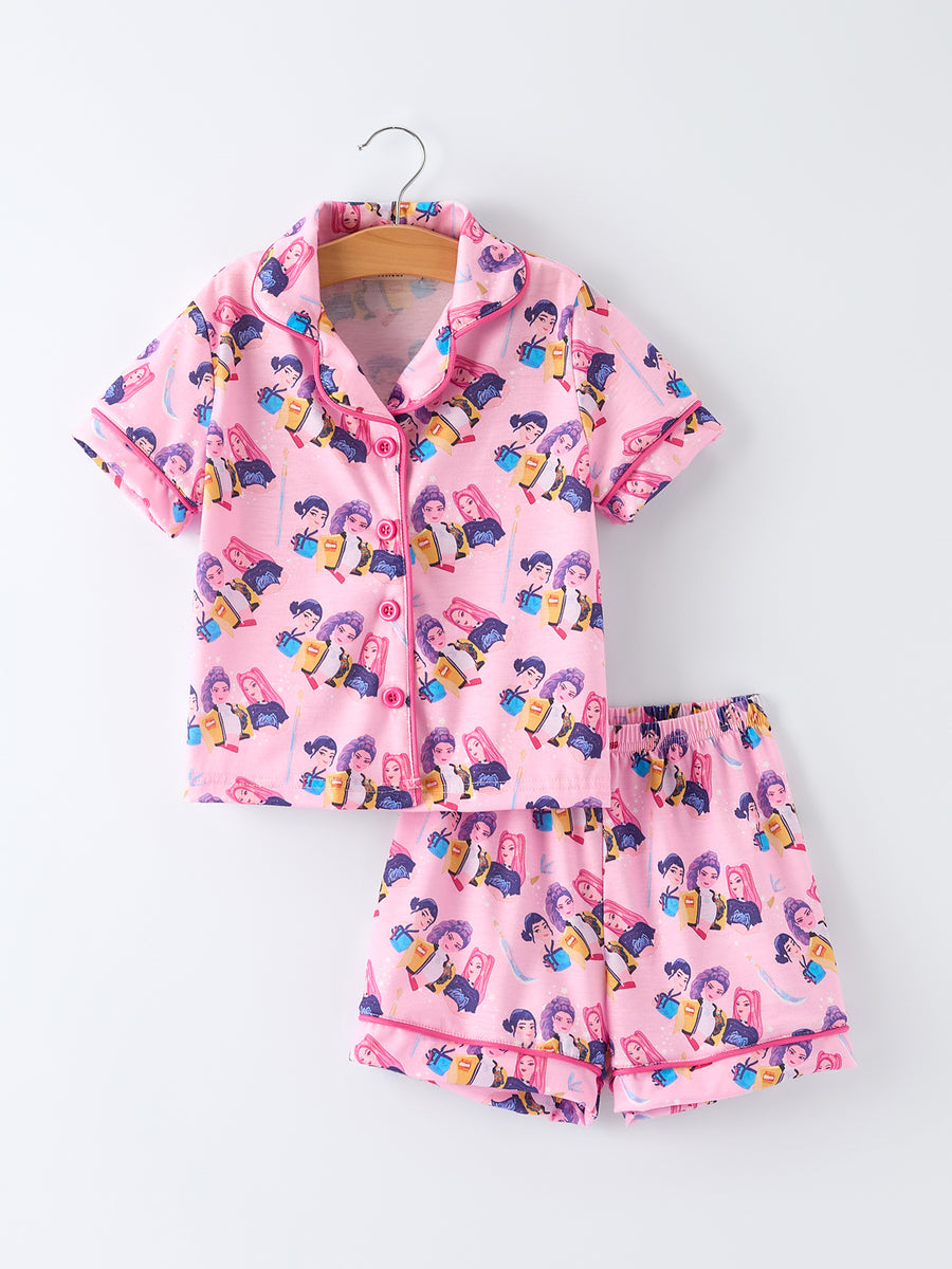 Pink Characters Print Short Sleeve Girl Pajama Set
