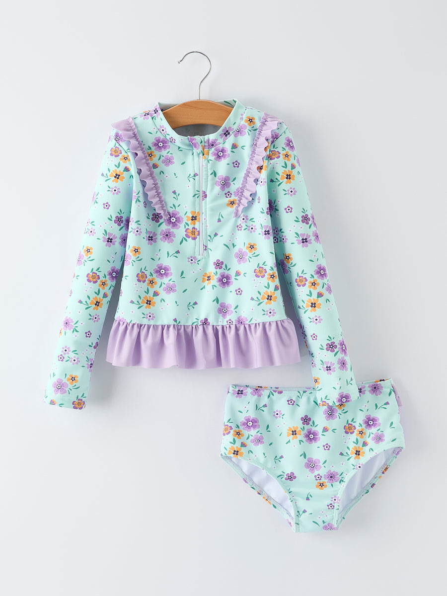Summer Mint Floral Long Sleeve Girl Swimwear Set