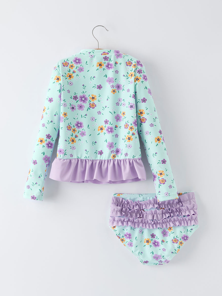 Summer Mint Floral Long Sleeve Girl Swimwear Set