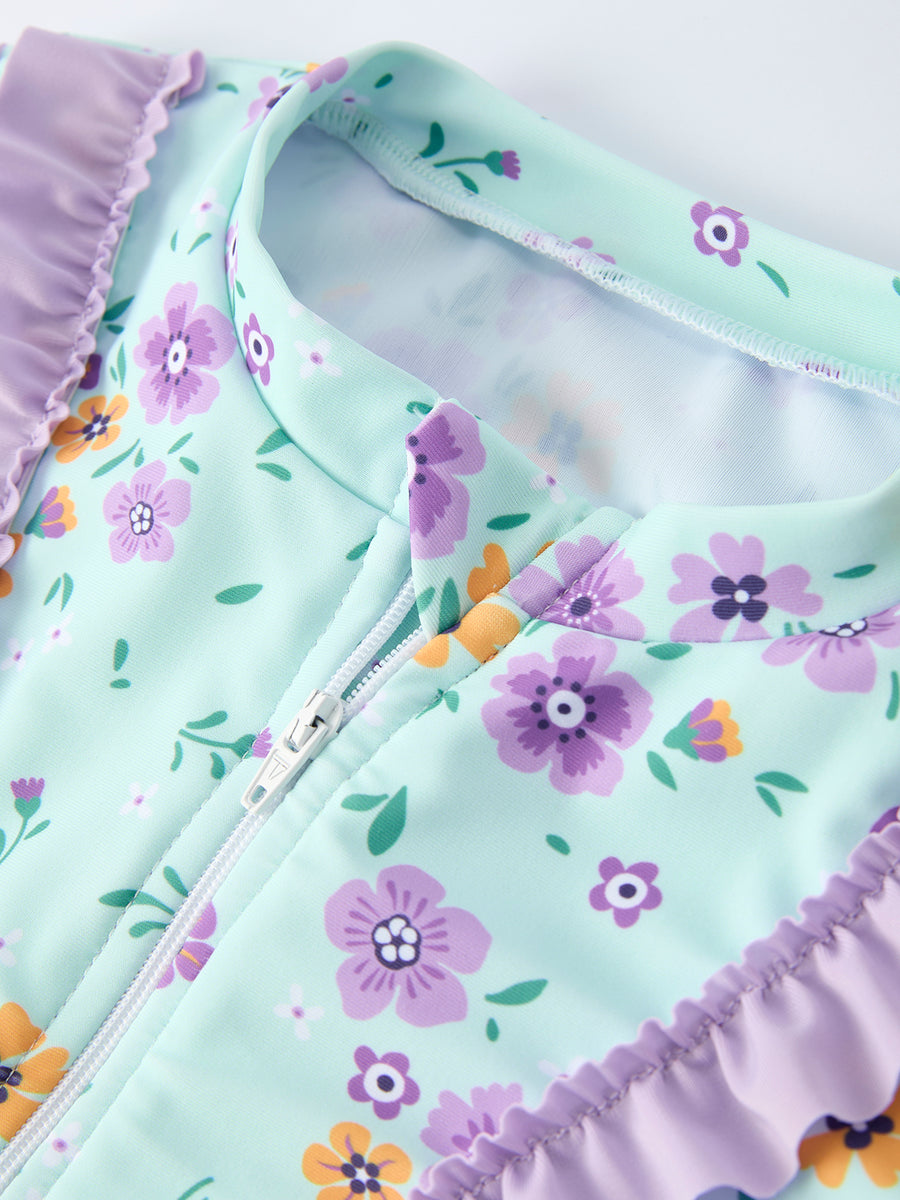 Summer Mint Floral Long Sleeve Girl Swimwear Set