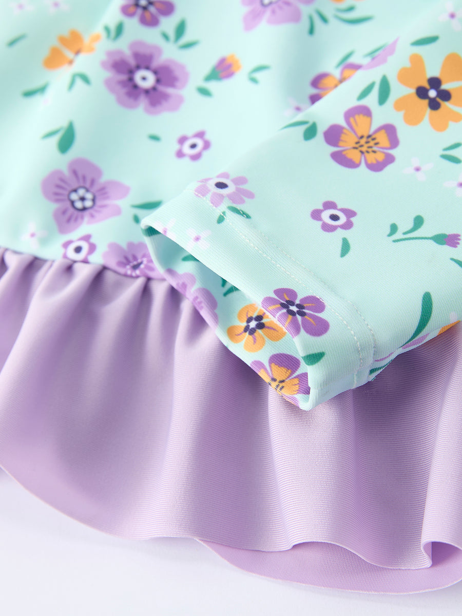 Summer Mint Floral Long Sleeve Girl Swimwear Set