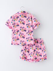 Pink Characters Print Short Sleeve Girl Pajama Set