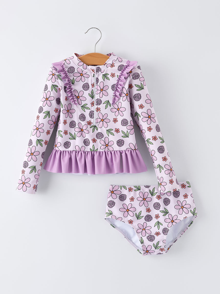 Summer Purple Floral Long Sleeve Girl Swimwear Set