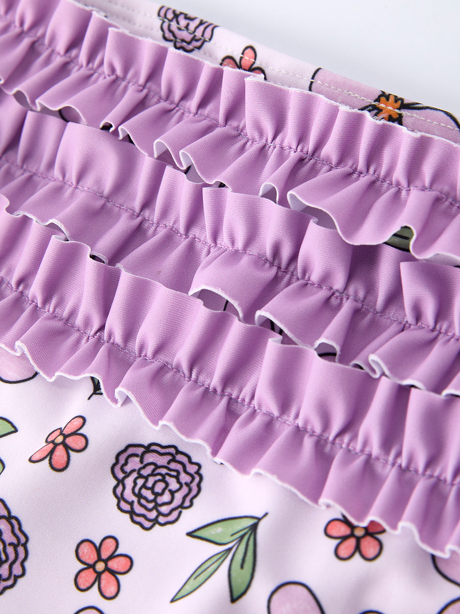 Summer Purple Floral Long Sleeve Girl Swimwear Set