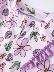 Summer Purple Floral Long Sleeve Girl Swimwear Set