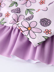 Summer Purple Floral Long Sleeve Girl Swimwear Set