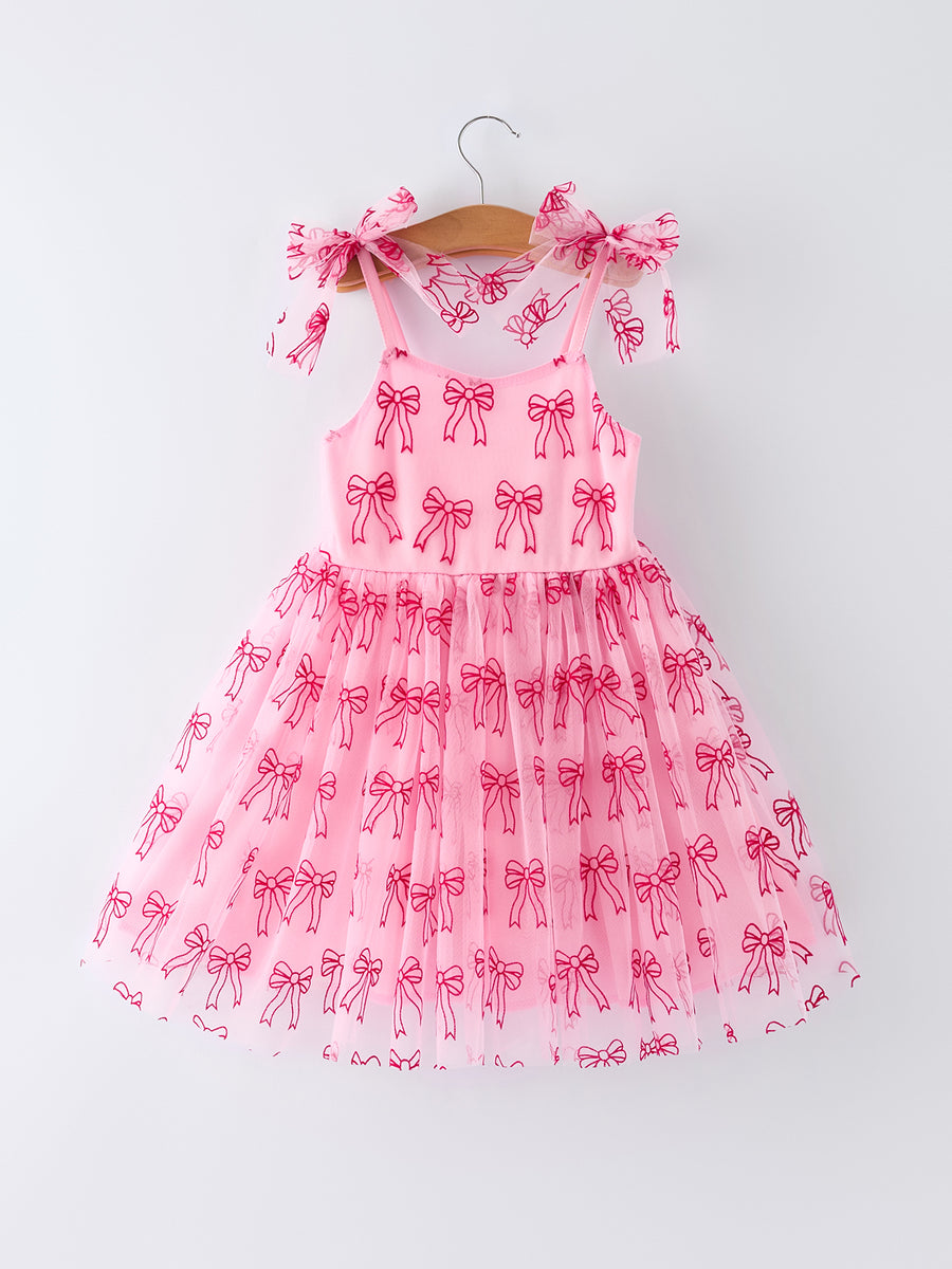 Spring and Summer Pink Tulle Bow Party Dress for Girls