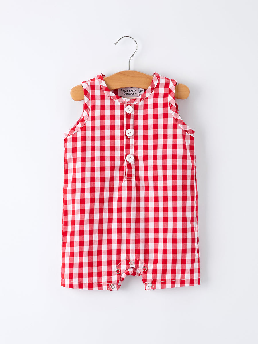 Summer Plaid Smocked Ruffle Boys Romper Sibling Outfits