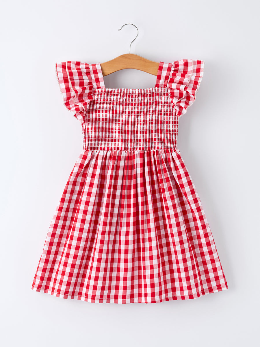 Summer Plaid Smocked Ruffle Girl Dress Sibling Outfits