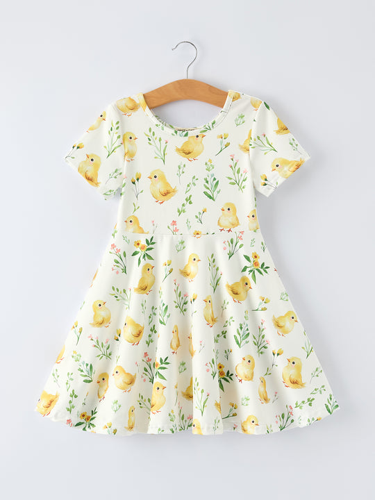 Easter Chick Floral Girls Twirl Short Sleeve Dress