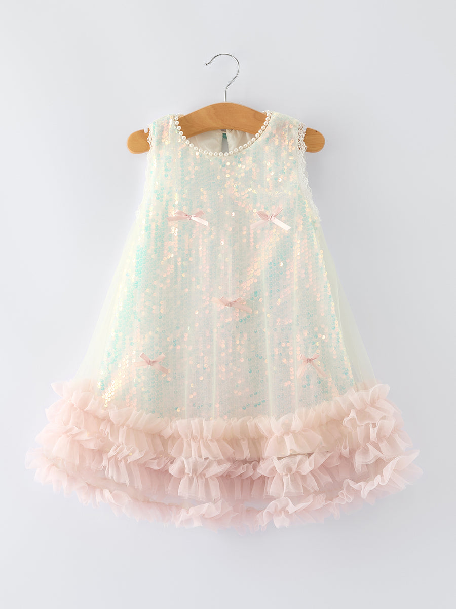 Iridescent Sequin Bow Ruffle Tulle Girls Dress