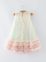 Iridescent Sequin Bow Ruffle Tulle Girls Dress