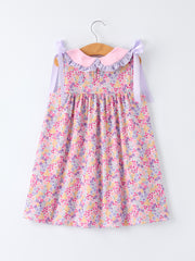 Summer Purple Floral Bow Ruffle Girls Dress