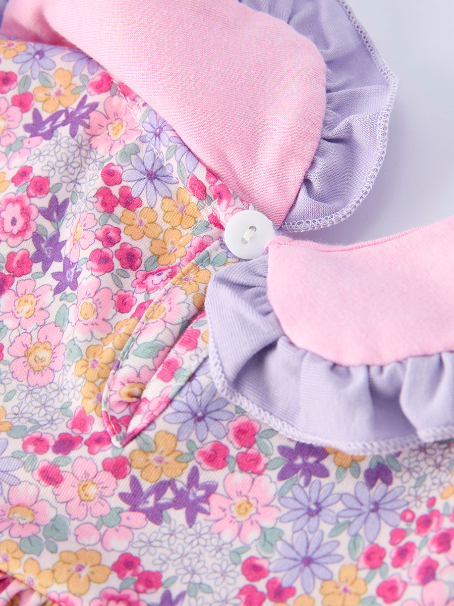 Summer Purple Floral Bow Ruffle Girls Dress