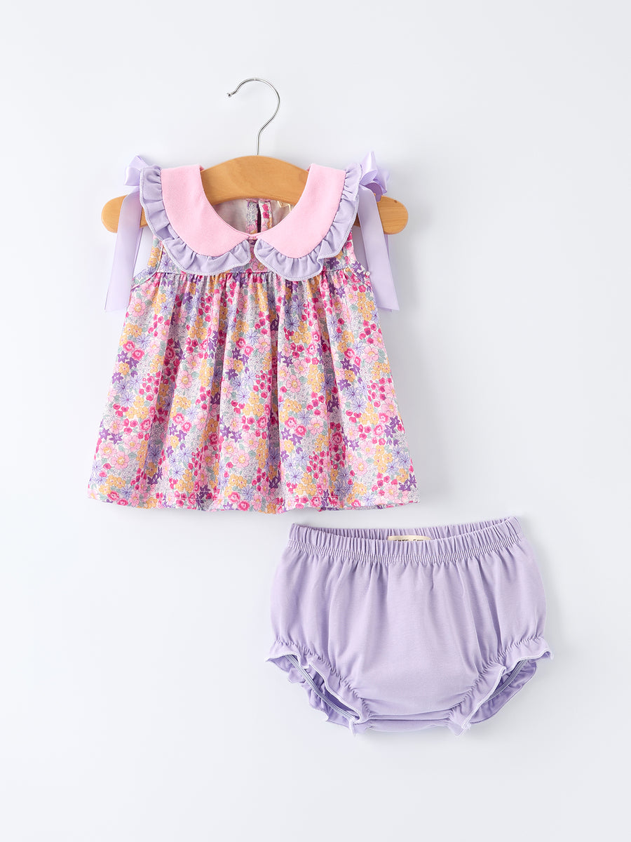 PREORDER  Spring Purple Floral Bow Ruffle Girl Bloomer Set