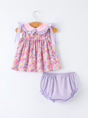 PREORDER  Spring Purple Floral Bow Ruffle Girl Bloomer Set
