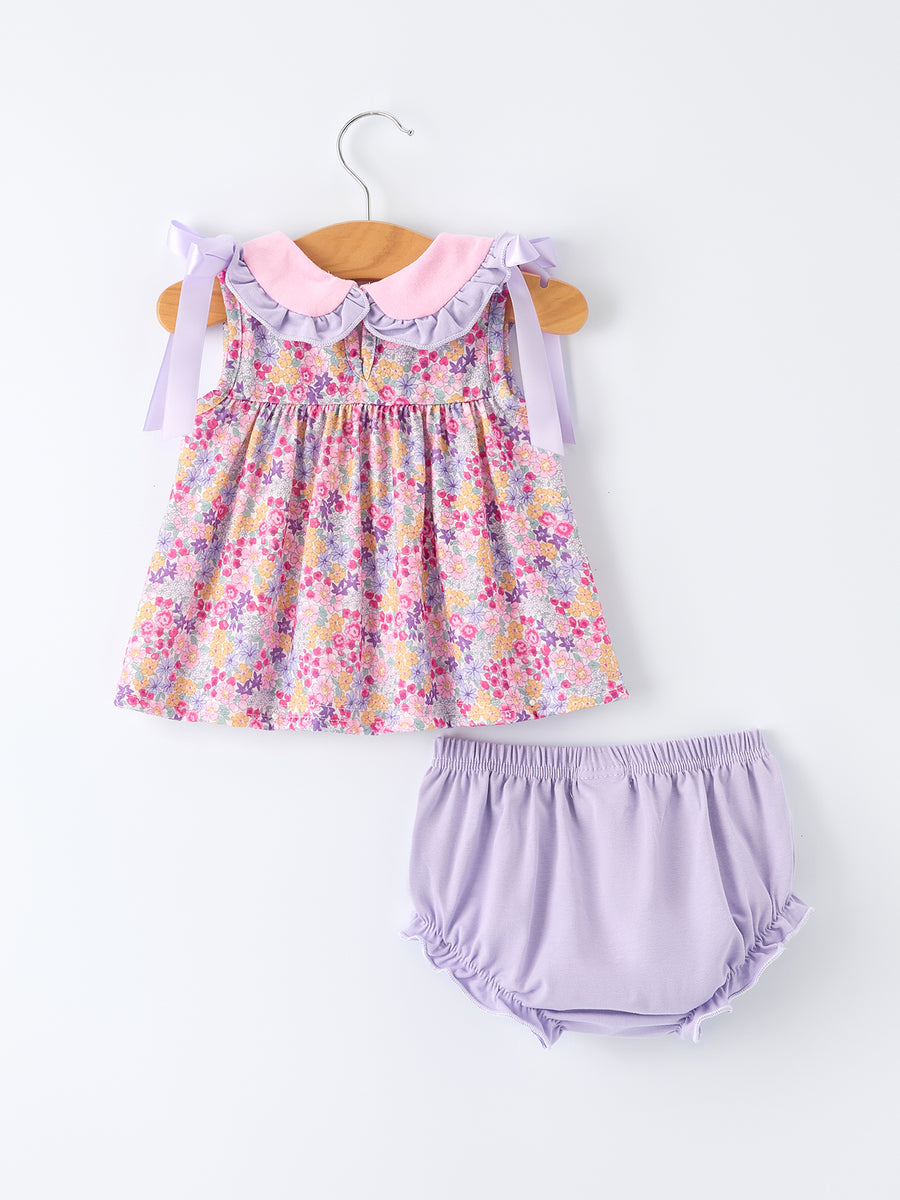 PREORDER  Spring Purple Floral Bow Ruffle Girl Bloomer Set