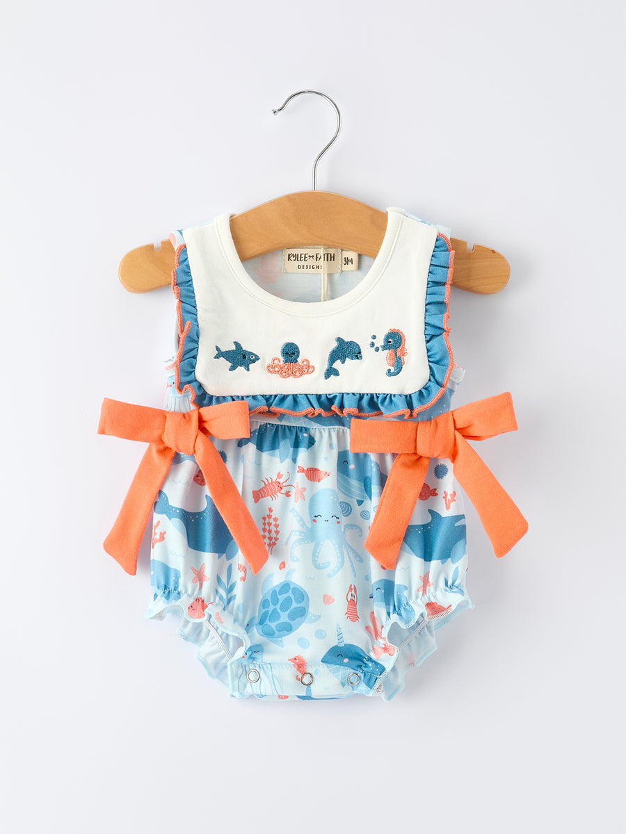 Marine Animal Embroidered Baby Girl Romper