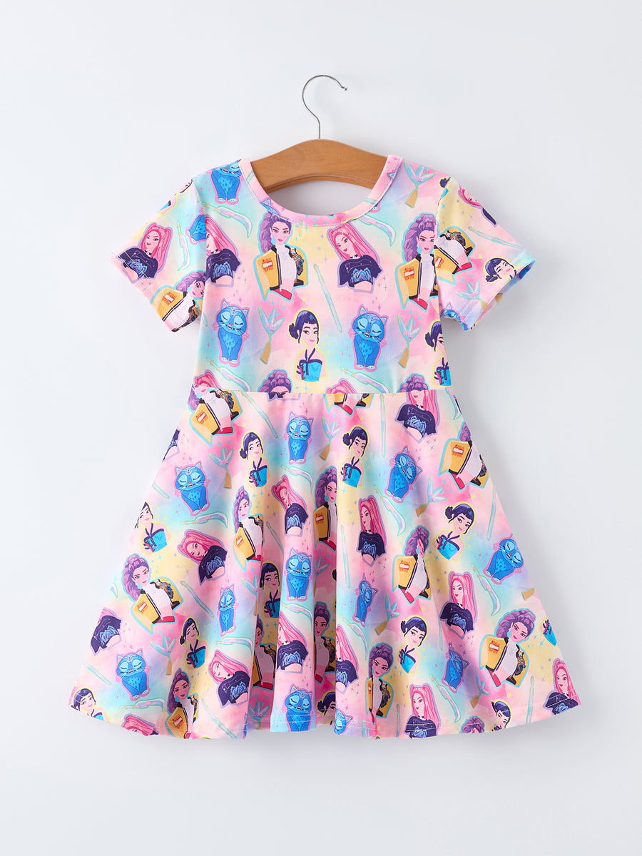 Summer Pop Star Print Girl Twirly Colorful Short Sleeve Dress