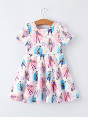 Summer Pop Star Print Girl Twirly Short Sleeves Dress