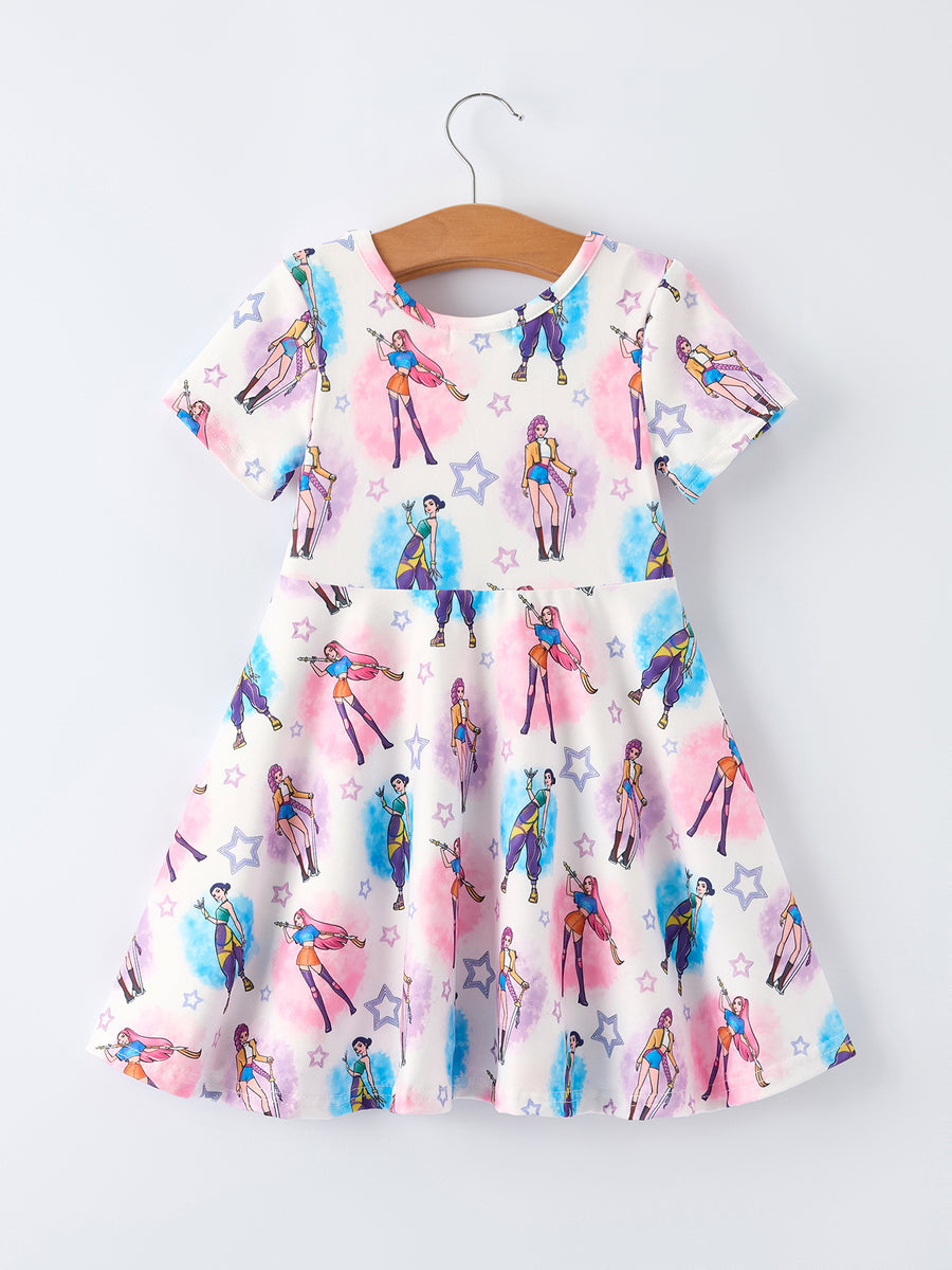 Summer Pop Star Print Girl Twirly Short Sleeves Dress