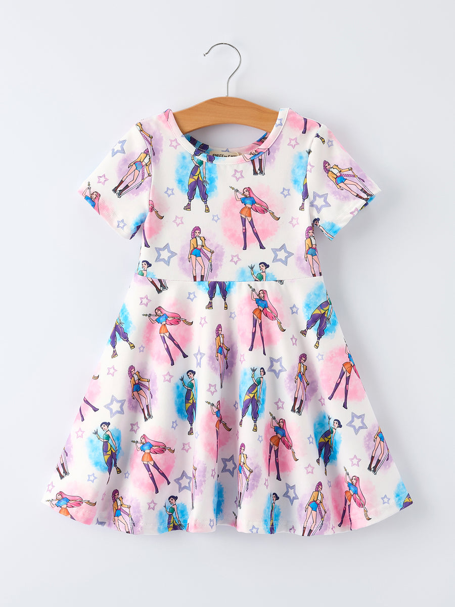 Summer Pop Star Print Girl Twirly Short Sleeves Dress