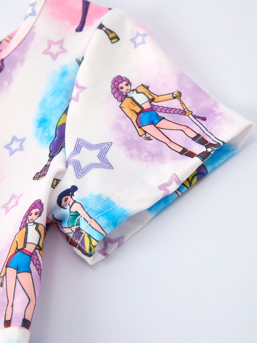 Summer Pop Star Print Girl Twirly Short Sleeves Dress