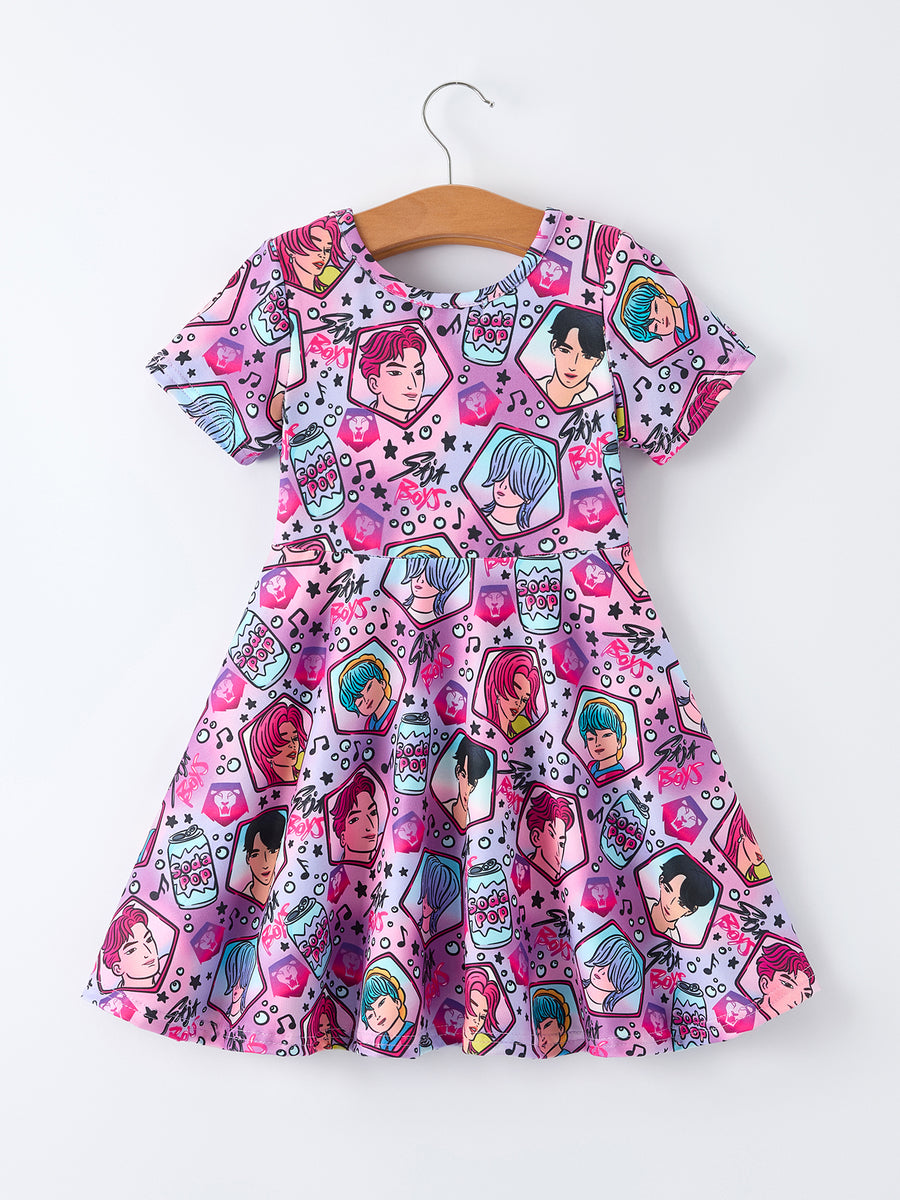 Summer Pop Star Print Purple Girl Twirly Dress