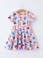 Summer Pop Star Print Girl Twirly Colorful Short Sleeve Dress