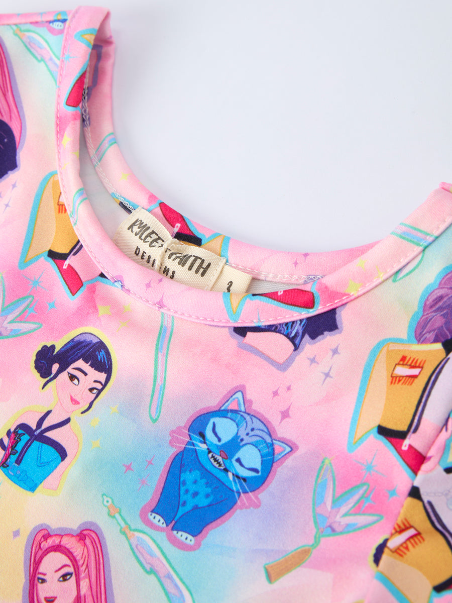 Summer Pop Star Print Girl Twirly Colorful Short Sleeve Dress