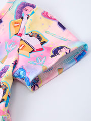 Summer Pop Star Print Girl Twirly Colorful Short Sleeve Dress