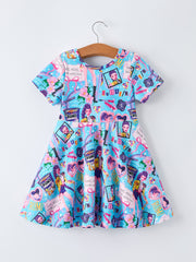 Blue Summer Pop Star Print Girl Twirly Short Sleeve Dress