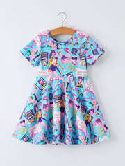 Blue Summer Pop Star Print Girl Twirly Short Sleeve Dress