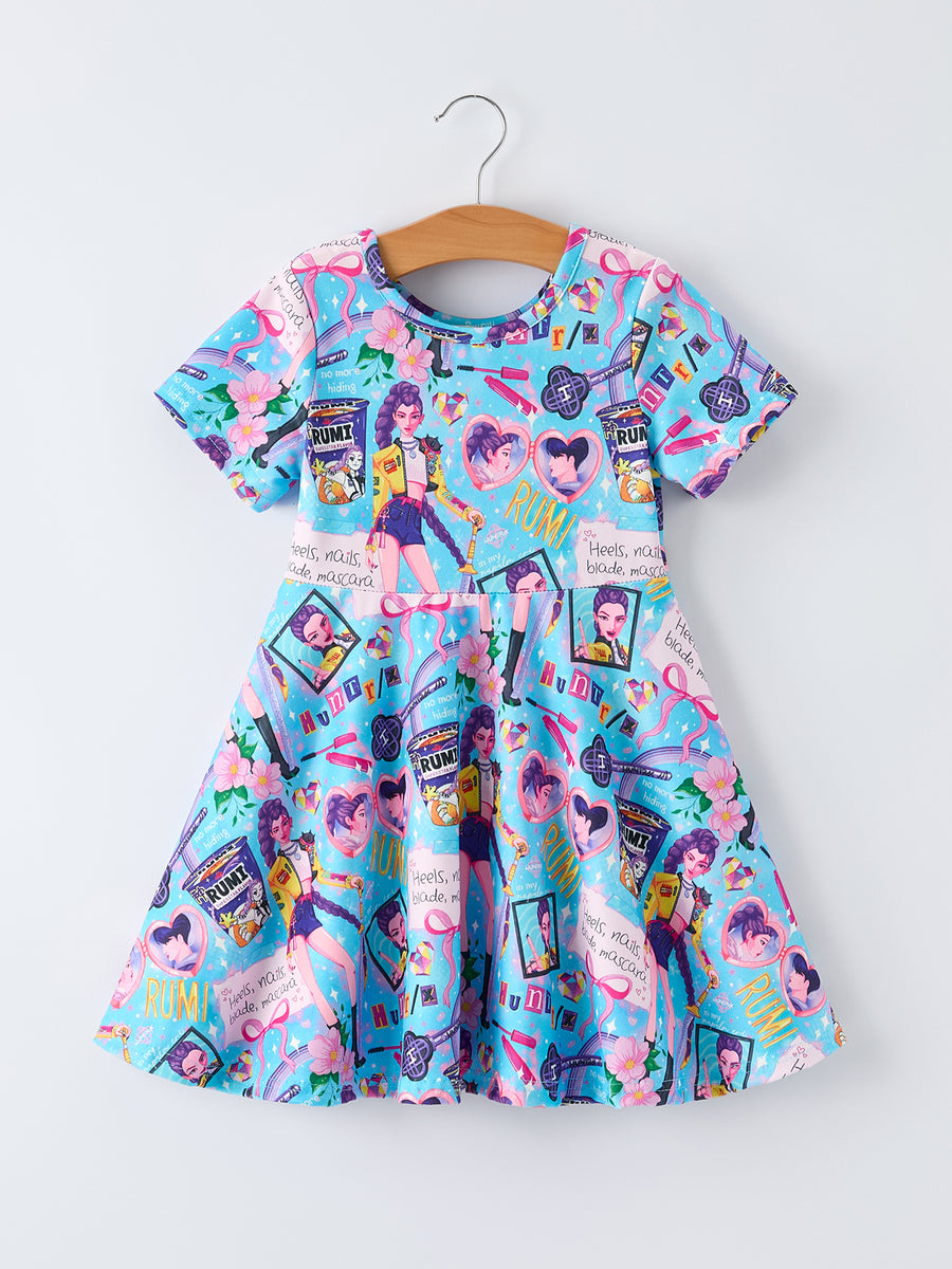 Blue Summer Pop Star Print Girl Twirly Short Sleeve Dress