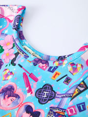 Blue Summer Pop Star Print Girl Twirly Short Sleeve Dress