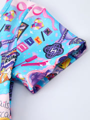 Blue Summer Pop Star Print Girl Twirly Short Sleeve Dress