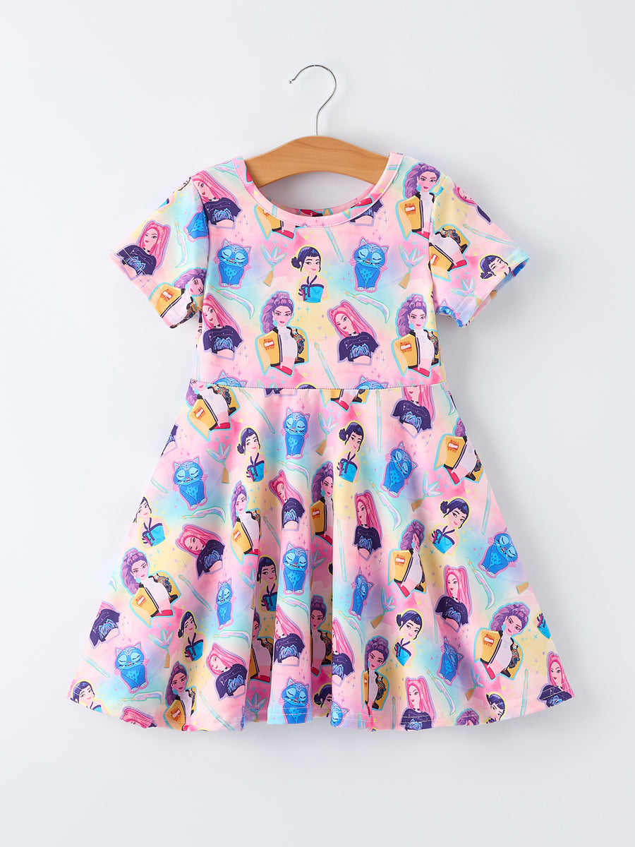 Summer Pop Star Print Girl Twirly Colorful Short Sleeve Dress