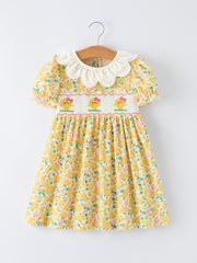 Easter Yellow Chick Embroidery Floral Girl Dress