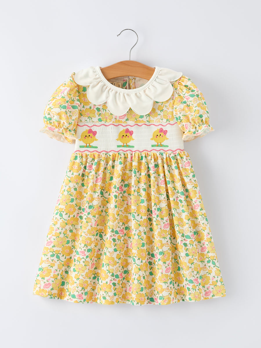 Easter Yellow Chick Embroidery Floral Girl Dress