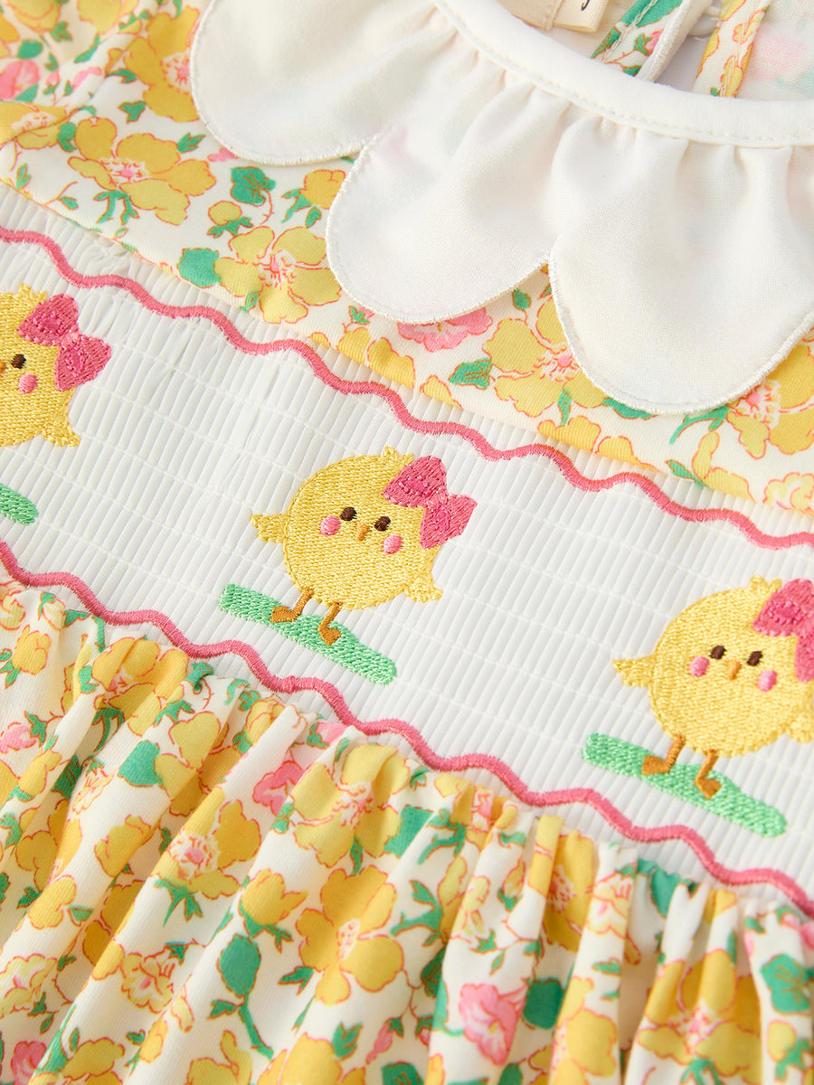 Easter Yellow Chick Embroidery Floral Girl Dress