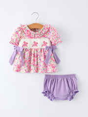 Easter Colorful Floral Bunny Embroidery Bow Ruffle Girl Bloomer Set