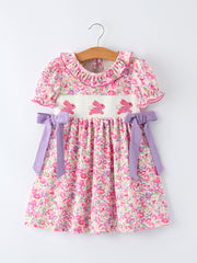 Easter Colorful Floral Bunny Embroidery Bow Ruffle Girl Dress