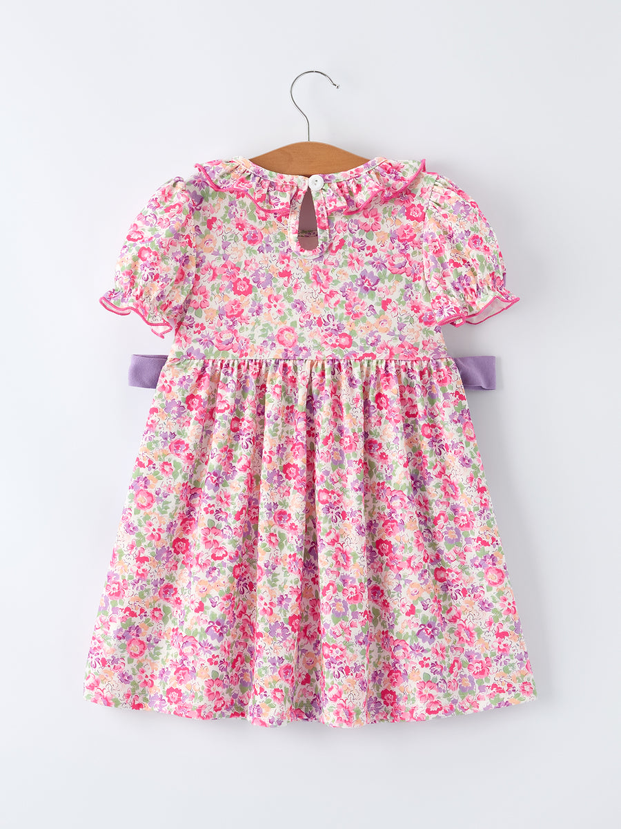 Easter Colorful Floral Bunny Embroidery Bow Ruffle Girl Dress