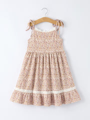 Summer Organic Cotton Floral Girls Bow Spaghetti Strap Ruffle Dress