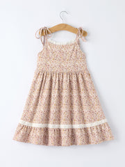Summer Organic Cotton Floral Girls Bow Spaghetti Strap Ruffle Dress