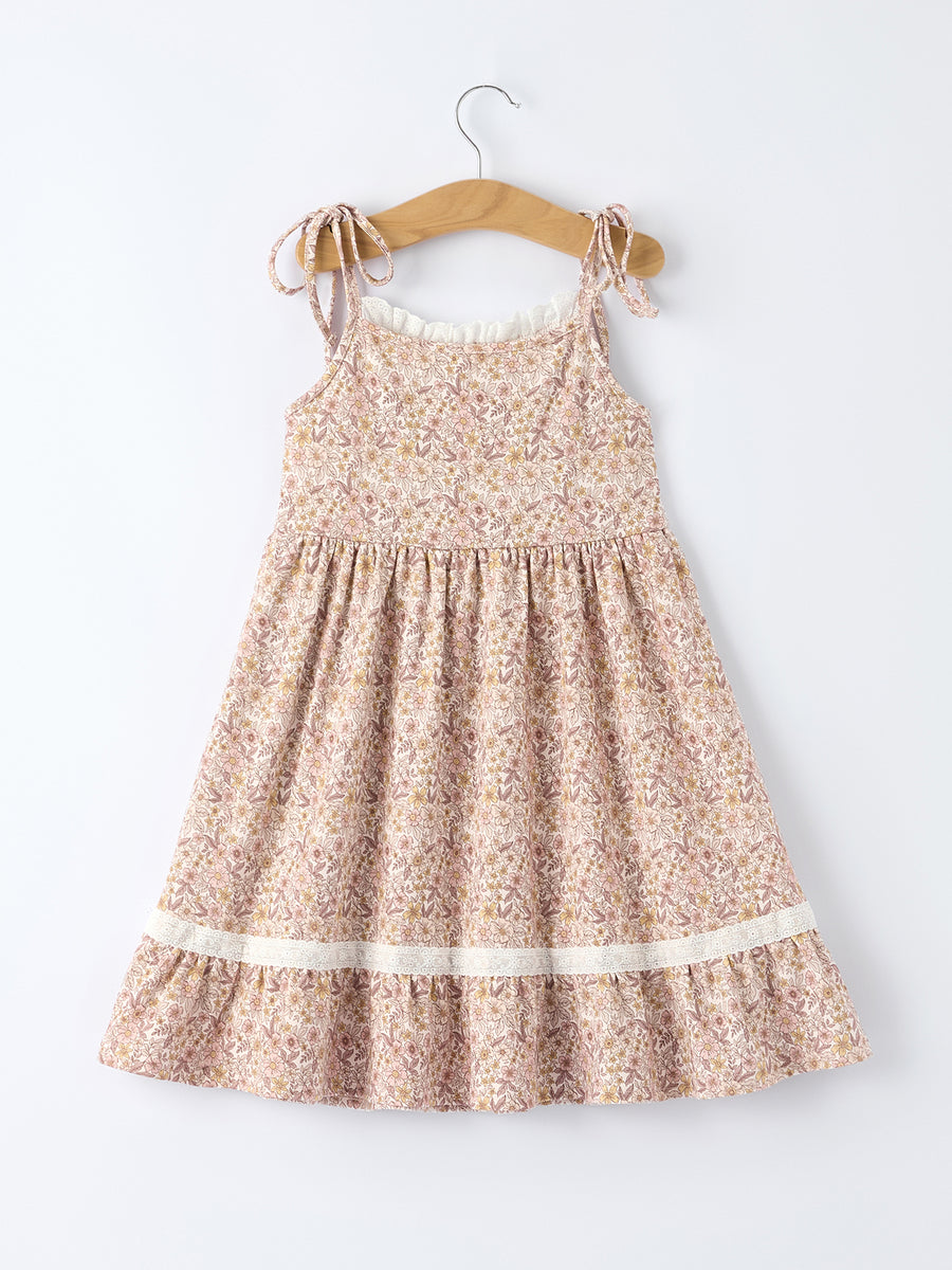 Summer Organic Cotton Floral Girls Bow Spaghetti Strap Ruffle Dress